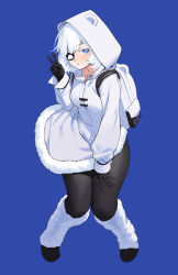 Rule 34 | 1girl, absurdres, animal ears, backpack, bag, bandages, bear ears, black gloves, black pantyhose, blue background, blue eyes, blush, boots, breasts, commentary request, dress, ears through headwear, eyepatch, full body, fur-trimmed dress, fur boots, fur trim, gloves, hand on own thigh, hand up, heart, highres, hood, hood up, hooded coat, knee boots, knees together feet apart, long sleeves, looking at viewer, mr tangsuyuk, one eye covered, original, pantyhose, puckered lips, puffy long sleeves, puffy sleeves, short hair, simple background, solo, standing, swept bangs, thick thighs, thighs, v, white hair
