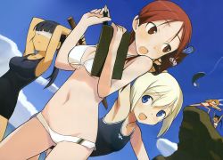 Rule 34 | 00s, 5girls, arms up, bikini, black hair, blindfold, blonde hair, blue eyes, brown eyes, brown hair, charlotte e. yeager, clipboard, day, erica hartmann, fish, fishing, francesca lucchini, front-tie top, long hair, lowleg, midriff, minna-dietlinde wilcke, multiple girls, navel, one-piece swimsuit, ponytail, sakamoto mio, school swimsuit, shimada fumikane, short hair, sky, strike witches, suikawari, swimsuit, sword, weapon, world witches series