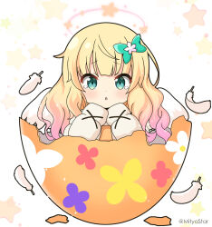 Rule 34 | 1girl, :o, blonde hair, blush, bow, broken egg, commentary request, egg, eggshell, feathered wings, feathers, flower, gochuumon wa usagi desu ka?, gradient hair, green bow, green eyes, hair bow, hair flower, hair ornament, halo, hands up, highres, kirima syaro, long hair, looking at viewer, mitya, multicolored hair, parted lips, purple hair, simple background, solo, star (symbol), starry background, tears, white background, white feathers, white flower, white wings, wings