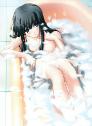 Rule 34 | 1girl, absurdres, arm support, bath, bathing, bathtub, black hair, blue eyes, blush, breasts, bubble bath, convenient censoring, foam, from above, groin, hair between eyes, hand on own chest, highres, indoors, leaning, long hair, looking at viewer, maya (triptych), navel, nimura yuuji, nipples, nude, official art, parted lips, partially submerged, saiga (company), scan, sidelocks, sitting, small breasts, soap bubbles, soap censor, solo, tile floor, tiles, triptych, very long hair, water, wet