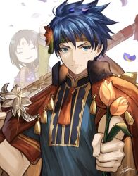 Rule 34 | 2boys, basket, blue eyes, blue hair, cape, fire emblem, fire emblem: path of radiance, fire emblem heroes, flower, flower basket, headband, holding, holding basket, ike (fire emblem), ike (valentine) (fire emblem), male focus, multiple boys, nintendo, official alternate costume, short hair, soren (fire emblem), soren (valentine) (fire emblem), tenyo0819, valentine