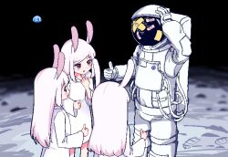 Rule 34 | 1other, 3girls, animal ears, astronaut, bandaid, blush, broken glass, chibikki, commentary, crack, cracked glass, crossed bandaids, dot nose, dress, earth (planet), english commentary, glass, helmet, highres, long hair, long sleeves, moon, moon rabbit, multiple girls, on moon, open mouth, original, pixel art, planet, rabbit ears, rabbit girl, red eyes, space, space helmet, spacesuit, standing, thumbs up, white dress, white hair, wide sleeves