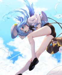 Rule 34 | 1girl, bad id, bad pixiv id, bag, bent over, bike shorts, black bow, black footwear, black shorts, blue eyes, blue hair, blue shirt, blue sky, blue wings, bow, bowtie, day, feathered wings, floating hair, flying, from below, hair between eyes, hat, highres, jacket, kneehighs, letter, long hair, looking at viewer, open clothes, open jacket, original, outdoors, shirt, short shorts, shorts, sky, socks, solo, tr6247, white hat, white jacket, white socks, wings