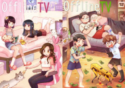 Rule 34 | 3boys, 3girls, arm up, barefoot, bed, black hair, black pants, black socks, blue-framed eyewear, blush, book, brown eyes, brown hair, cat, censored, character request, controller, crop top, denim, denim shorts, earrings, glasses, holding, holding book, holding remote control, jewelry, kataro, kneehighs, long hair, looking at another, looking away, lying, monitor, mosaic censoring, multiple boys, multiple girls, navel, offlinetv, on back, on stomach, open book, open mouth, pants, parted lips, purple hair, reading, remote control, robot, round eyewear, short hair, shorts, sitting, smile, socks, stud earrings, teeth, upper teeth only