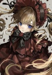 Rule 34 | 1girl, blonde hair, blue eyes, bow, bowtie, doll, dress, drill hair, flower, green neckwear, grey background, hat, hat flower, long hair, necktie, open mouth, red dress, red flower, red hat, rozen maiden, sayoko (sayosny2), shinku, sidelocks, signature, simple background, solo, twintails, upper body