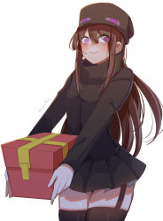 Rule 34 | 1girl, absurdres, ander (at2.), at2., black skirt, black thighhighs, blush, box, brown hair, closed mouth, enderman, garter straps, gift, gift box, hat, highres, long hair, long sleeves, looking at viewer, minecraft, personification, pleated skirt, purple eyes, skirt, smile, thighhighs, very long hair