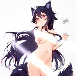 Rule 34 | 1girl, ahoge, animal ear fluff, animal ears, black hair, blush, breasts, breasts apart, chinese commentary, collarbone, commentary request, completely nude, cowboy shot, ejami, ekko (ejami), fox ears, fox girl, fox tail, hand on own chin, light censor, light frown, long hair, looking away, looking to the side, medium breasts, navel, nude, original, parted lips, red eyes, signature, simple background, solo, stomach, tail, very long hair, white background