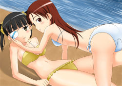 Rule 34 | 2girls, alternate hairstyle, beach, beat (new black sun), bikini, black hair, brown eyes, brown hair, day, eyepatch, hand on another&#039;s cheek, hand on another&#039;s face, long hair, minna-dietlinde wilcke, multiple girls, navel, sakamoto mio, short hair, side-tie bikini bottom, strike witches, swimsuit, twintails, world witches series, yellow eyes, yuri