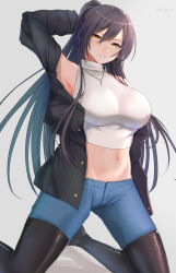 Rule 34 | 1girl, :d, arm behind head, arm up, armpits, black footwear, black hair, black jacket, blue pants, boots, breasts, crop top, earrings, grey background, groin, hair between eyes, high heel boots, high heels, highres, idolmaster, idolmaster shiny colors, jacket, jewelry, kneeling, light blush, long hair, looking at viewer, medium breasts, navel, necklace, open clothes, open jacket, open mouth, pants, ponytail, shirase sakuya, shirt, shougun (chuckni1), signature, simple background, sleeveless, sleeveless shirt, smile, solo, thigh boots, thighhighs, turtleneck, yellow eyes