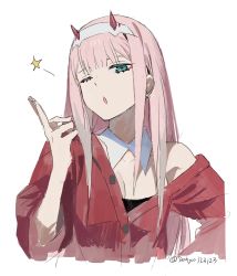 Rule 34 | 1girl, aqua eyes, breasts, cleavage, darling in the franxx, dohyo123123, highres, horns, long hair, looking at viewer, oni horns, open mouth, pink hair, red horns, signature, solo, zero two (darling in the franxx)