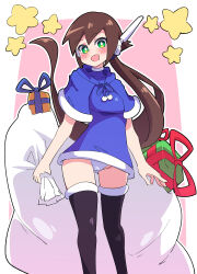 Rule 34 | 1girl, absurdres, aile (mega man zx), black footwear, blush, boots, box, breasts, brown hair, buzzlyears, gift, gift box, green eyes, highres, long hair, medium breasts, mega man (series), mega man zx, mega man zx advent, open mouth, panties, sack, santa costume, smile, solo, thigh boots, underwear, white panties