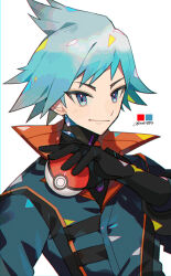 Rule 34 | 1boy, aqua eyes, aqua hair, black gloves, blush, closed mouth, coat, color guide, commentary request, creatures (company), game freak, gloves, green coat, hand up, highres, holding, holding poke ball, kawasaki (kwsk 8765), male focus, nintendo, official alternate costume, poke ball, poke ball (basic), pokemon, pokemon masters ex, short hair, smile, solo, spiked hair, steven stone, steven stone (sygna suit), upper body