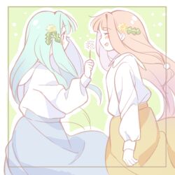 Rule 34 | 2girls, absurdres, alternate costume, blue hair, blue skirt, blush stickers, border, chipochopo324, closed eyes, collared shirt, commentary, dandelion, face-to-face, facing another, floating hair, flower, from side, green background, hair flower, hair ornament, hand up, highres, holding, holding flower, kotonoha akane, kotonoha aoi, light particles, long hair, long sleeves, looking at another, multiple girls, outline, pink hair, profile, shirt, siblings, sidelocks, simple background, sisters, skirt, smile, symbol-only commentary, transparent border, voiceroid, white outline, white shirt, yellow skirt