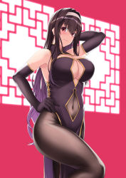 Rule 34 | 1girl, absurdres, alternate costume, bare shoulders, black dress, black gloves, black hair, black pantyhose, blush, breasts, china dress, chinese clothes, cleavage, cleavage cutout, closed mouth, clothing cutout, covered navel, dress, elbow gloves, gloves, gradient hair, hair intakes, hairband, hand on own hip, high-waist pantyhose, highleg pantyhose, highres, kasumigaoka utaha, large breasts, leg up, multicolored hair, navel, navel cutout, pantyhose, pelvic curtain, purple hair, rebutsu, red eyes, saenai heroine no sodatekata, sleeveless, sleeveless dress, smile, solo, standing, standing on one leg, thighs, white hairband