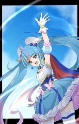 Rule 34 | 1girl, arm up, armpits, bike shorts, black border, blue dress, blue eyes, blue hair, blue shorts, border, bow, brooch, cowboy shot, cure sky, cut bangs, detached sleeves, dress, dress bow, earclip, earrings, fingerless gloves, frilled dress, frills, gloves, gradient hair, highres, hirogaru sky! precure, jewelry, long hair, looking at viewer, magical girl, mochi curry, multicolored hair, open mouth, pink hair, precure, puffy detached sleeves, puffy sleeves, short dress, shorts, shorts under dress, single earring, single sidelock, sleeveless, sleeveless dress, smile, solo, sora harewataru, standing, thighhighs, twintails, two-tone dress, very long hair, waving, white dress, white gloves, white thighhighs, wing brooch, wing hair ornament