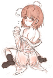 Rule 34 | 1girl, antennae, back, bare shoulders, blush, bottomless, clothes pull, flying sweatdrops, from behind, highres, kuro suto sukii, looking at viewer, looking back, monochrome, off shoulder, open clothes, open shirt, shirt, shirt pull, short hair, simple background, sketch, socks, solo, touhou, white background, wriggle nightbug