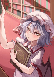Rule 34 | 1girl, absurdres, bat wings, book, bookshelf, closed mouth, hat, hat ribbon, highres, holding, holding book, indoors, mahoro (minase mahoro), mob cap, pink hat, purple hair, red eyes, red ribbon, remilia scarlet, ribbon, short hair, short sleeves, solo, touhou, upper body, wings