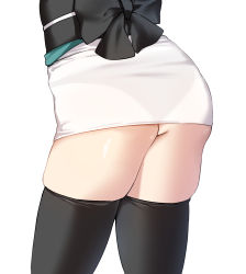 Rule 34 | 1girl, ass, ass focus, black thighhighs, bow, cowboy shot, danimaru, dress, fate/grand order, fate (series), from behind, highres, lower body, microdress, okita souji (fate), okita souji (koha-ace), pencil dress, see-through, skindentation, solo, standing, thighhighs, thighs, waist bow, white background, white dress