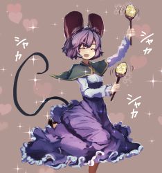 Rule 34 | 1girl, animal ears, black footwear, blue shirt, blush, capelet, commentary request, dancing, dress, eyebrows, closed eyes, frilled dress, frilled skirt, frills, grey dress, grey skirt, hair between eyes, happy, heart, heart background, high-waist skirt, highres, instrument, kikimifukuri, layered clothes, leg up, light purple hair, long skirt, long sleeves, maracas, mouse ears, mouse tail, nazrin, open mouth, shirt, shoes, short hair, skirt, solo, sparkle, star (symbol), tail, touhou, underbust