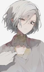 Rule 34 | 1boy, black eyes, closed mouth, collarbone, dungeon meshi, expressionless, grey cloak, grey hair, highres, male focus, maratang, mithrun, notched ear, one eye closed, pointy ears, short hair, simple background, solo, white background