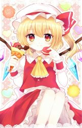 Rule 34 | 1girl, artist request, ascot, blonde hair, bow, buttons, candy, chocolate, collar, collared shirt, commentary request, cream, crepe, english text, eyelashes, eyes visible through hair, feet out of frame, flandre scarlet, food, frilled collar, frilled skirt, frills, gem, hair between eyes, hat, hat bow, heart, highres, holding, holding food, looking at viewer, mob cap, multicolored eyes, pale skin, polka dot, red bow, red skirt, red vest, sash, shirt, side ponytail, sitting, skirt, smile, solo, sweets, touhou, vest, white sash, white shirt, wings, wrist cuffs, yellow ascot