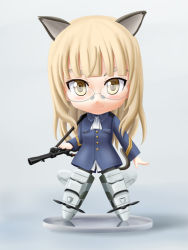 Rule 34 | 00s, 1girl, animal ears, blonde hair, chibi, figure, glasses, gun, jacket, lielos, long hair, military, military jacket, military uniform, nendoroid, pantyhose, perrine h. clostermann, solo, strike witches, striker unit, uniform, weapon, world witches series, yellow eyes