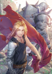 Rule 34 | 2boys, ahoge, alphonse elric, armor, automail, baraba baba, belt, blonde hair, brothers, coat, unworn coat, edward elric, full armor, fullmetal alchemist, highres, light particles, light rays, male focus, manly, mechanical arms, multiple boys, outdoors, ponytail, prosthesis, red coat, ruins, siblings, single mechanical arm, sunlight, yellow eyes