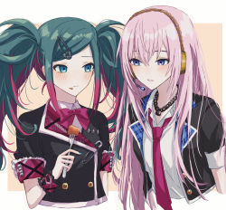 Rule 34 | 2girls, bad id, bad pixiv id, blue eyes, blush stickers, eating, food, food on face, fork, green hair, hatsune miku, headphones, highres, holding, holding fork, leo/need luka, leo/need miku, long hair, megurine luka, multicolored hair, multiple girls, necktie, paperclip, paperclip hair ornament, peng vmd, pink hair, project sekai, ribbon, school uniform, smile, twintails, vocaloid
