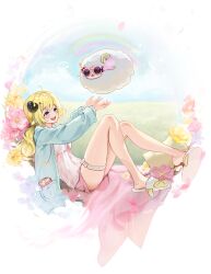 Rule 34 | 1girl, :d, absurdres, ahoge, blanket, blonde hair, blue jacket, border, bubble, dress, falling petals, floating, flower, food-themed hair ornament, hair ornament, hairclip, happy, highres, hololive, hood, hood down, horizon, horns, jacket, long hair, long sleeves, open mouth, outstretched arms, petals, pink blanket, pink dress, pink flower, pink shorts, pocket, purple eyes, rainbow, reclining, round eyewear, sheep, shorts, single horn, sitting, sky, slippers, smile, solo, sunglasses, thighlet, tsunomaki watame, tsunomaki watame (loungewear), virtual youtuber, watermelon hair ornament, wellsy, white border, yellow flower