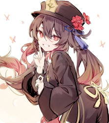 Rule 34 | 1girl, black hat, branch, brown hair, commentary request, finger to mouth, flower, genshin impact, hat, hat flower, hu tao (genshin impact), jewelry, long hair, long sleeves, looking at viewer, open mouth, red eyes, red flower, shushing, simple background, smile, solo, symbol-shaped pupils, tassel, twintails, very long hair, white background, wide sleeves, yuya (night lily)