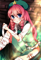Rule 34 | 1girl, bandages, beret, blue eyes, blush, bow, braid, brick wall, female focus, hair bow, hat, highres, hong meiling, injury, long hair, looking at viewer, nature, outdoors, red hair, shromann, side slit, sitting, solo, touhou, twin braids