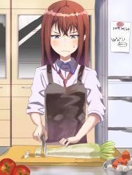 Rule 34 | 1girl, apron, blush, brown hair, closed mouth, commentary request, cooking, crossed bangs, cutting board, daikon, dated, dress shirt, food, grey eyes, hair between eyes, highres, knife, long hair, looking down, makise kurisu, necktie, radish, red necktie, shirt, sleeves rolled up, solo, steins;gate, sweatdrop, taro baumu, tomato, wavy mouth, white shirt