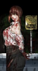 Rule 34 | 1girl, arms behind back, black background, black necktie, black pants, blood, blood on clothes, blood on face, blood on hands, braid, braided ponytail, breasts, business suit, chainsaw man, commentary request, erupusai2, formal, highres, large breasts, long hair, looking at viewer, makima (chainsaw man), necktie, pants, plate, red hair, ringed eyes, shirt, solo, suit, torn clothes, white shirt, yellow eyes