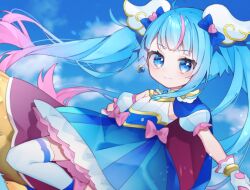 Rule 34 | 1girl, blue cape, blue dress, blue eyes, blue hair, blue sky, bracelet, brooch, cape, cloud, cowboy shot, crescent, crescent earrings, cure sky, cut bangs, day, detached sleeves, dress, dutch angle, earrings, eringikinono, floating, gloves, gradient hair, highres, hirogaru sky! precure, jewelry, knee up, long hair, looking at viewer, magical girl, multicolored hair, outdoors, petticoat, pink hair, precure, puffy detached sleeves, puffy sleeves, red cape, single sidelock, sky, sleeveless, sleeveless dress, solo, thighhighs, twintails, two-sided cape, two-sided fabric, v-shaped eyebrows, white gloves, white thighhighs, wing brooch, wing hair ornament