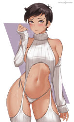 Rule 34 | 1girl, areola slip, artist name, bare shoulders, blush, breasts, brown eyes, brown hair, commentary, cowboy shot, dark-skinned female, dark skin, dc comics, detached sleeves, earrings, garter straps, gluteal fold, highres, hioyami, jewelry, large breasts, lois lane, looking at viewer, meme attire, my adventures with superman, navel, parted lips, patreon username, ribbed panties, ribbed sleeves, ribbed sweater, ribbed thighhighs, short hair, sideboob, simple background, sleeveless, sleeveless sweater, sleeveless turtleneck, solo, stud earrings, superman (series), sweat, sweater, thighs, turtleneck, turtleneck sweater, virgin destroyer sweater, white background