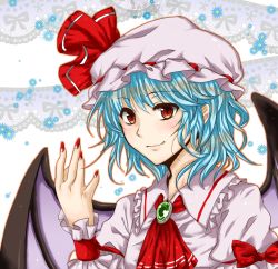 Rule 34 | 1girl, ascot, bad id, bad pixiv id, bat wings, blouse, blue hair, brooch, daisy, fang, fang out, female focus, fingernails, flower, hand up, hat, hat ribbon, highres, jewelry, lace, looking at viewer, mob cap, nail polish, nekushiro, open hand, open m/, outline, red eyes, remilia scarlet, ribbon, shirt, short hair, short sleeves, simple background, smile, solo, touhou, upper body, white background, wings, wrist cuffs