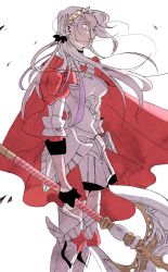 Rule 34 | 1girl, alternate hairstyle, artist request, cape, closed mouth, edelgard von hresvelg, fire emblem, fire emblem: three houses, fire emblem warriors, fire emblem warriors: three hopes, gloves, hair ribbon, highres, long hair, long sleeves, nintendo, official alternate costume, official alternate hairstyle, purple eyes, red cape, ribbon, simple background, smile, solo, thighhighs, thighs, weapon, white hair, zettai ryouiki