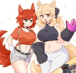 Rule 34 | 1other, 3girls, :d, animal ear fluff, animal ears, arknights, ashlock (arknights), ashy (dankestsin), bare shoulders, black choker, black gloves, black jacket, black ribbon, blemishine (arknights), breasts, choker, commentary, cowboy shot, crop top, doctor (arknights), english commentary, flametail (arknights), flametail (sport for all) (arknights), gloves, grey eyes, grey hair, grey shorts, grin, hair ribbon, hands on own hips, highres, jacket, large breasts, large tail, long hair, looking at viewer, midriff, multiple girls, navel, official alternate costume, open mouth, orange shirt, pants, red hair, ribbon, shirt, short shorts, short sleeves, shorts, simple background, sleeveless, sleeveless shirt, smile, standing, stomach, tail, thighs, tied shirt, white background, white gloves, white pants