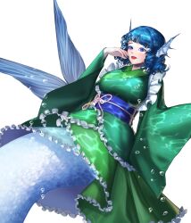 Rule 34 | 1girl, blue eyes, blue hair, commentary request, drill hair, drill sidelocks, fins, frilled kimono, frills, green kimono, head fins, highres, japanese clothes, kimono, korean commentary, long sleeves, looking at viewer, mermaid, miyo (miyo fanbox), monster girl, short hair, sidelocks, simple background, touhou, wakasagihime, white background, wide sleeves
