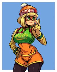 Rule 34 | 1girl, arms (game), beanie, blonde hair, bracelet, domino mask, green eyes, hand on own hip, hat, highres, jewelry, mask, min min (arms), onua tf, orange shorts, pointing, pointing up, short hair, shorts