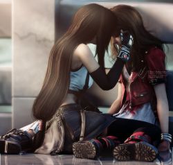 Rule 34 | 2girls, 3d, aerith gainsborough, boots, bracelet, breasts, brown hair, closed eyes, cropped jacket, death, dress, final fantasy, final fantasy vii, final fantasy vii remake, fingerless gloves, forgotten city, full body, gloves, hair down, highres, jacket, jewelry, kneeling, large breasts, long hair, low-tied long hair, marble, multiple girls, pink dress, red jacket, ria-neearts, shirt, sitting, skirt, square enix, suspender skirt, suspenders, thighhighs, tifa lockhart, touching another&rsquo;s face, white shirt