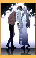 Rule 34 | 1boy, 1girl, bag, black pants, border, clenched teeth, closed eyes, fern (sousou no frieren), fingernails, from side, full body, hair between eyes, hand in pocket, holding, holding bag, jacket, lm 0063, long hair, looking at another, orange border, outdoors, pants, purple hair, red hair, red jacket, reflective floor, short hair, sidelocks, smile, sousou no frieren, standing, stark (sousou no frieren), teeth