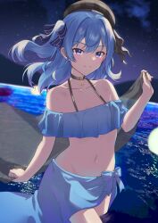 Rule 34 | 1girl, absurdres, beret, bikini, bikini top only, black choker, blue sarong, breasts, choker, closed mouth, cowboy shot, hair ribbon, hat, highres, holding shawl, hololive, hoshimachi suisei, long hair, navel, night, night sky, ocean, one side up, pendora1022, plaid, plaid headwear, purple eyes, ribbon, sarong, shawl, sky, small breasts, smile, solo, star (sky), starry sky, stomach, swimsuit, virtual youtuber, water