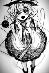 Rule 34 | 1girl, chinese commentary, commentary request, from above, greyscale, hat, heart, heart-shaped pupils, high contrast, highres, komeiji koishi, long sleeves, monochrome, open mouth, pen (medium), pleated skirt, short hair, skirt, smile, solo, symbol-shaped pupils, tailesituo, touhou, traditional media