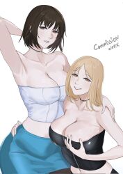 2girls armpits bare_shoulders black_shirt black_skirt blonde_hair blue_skirt breasts brown_eyes brown_hair choker cleavage collarbone commentary crop_top english_commentary feet_out_of_frame grand_theft_auto grand_theft_auto_v hand_on_another&#039;s_shoulder hand_on_another&#039;s_thigh hand_on_own_chest hand_on_own_head highres large_breasts light_blush lips long_hair looking_at_viewer makeup medium_hair multiple_girls navel open_mouth pantyhose parted_lips pencil_skirt purple_lips red_lips revealing_clothes seilindekos shirt simple_background sitting skirt smile standing strapless strapless_shirt white_background white_shirt zipper