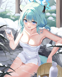 1girl animal_ears aqua_hair arm_rest armpits blue_archive blush breasts bucket chanpower233 choko_(cup) cleavage collarbone commentary cup fingernails halo highres holding holding_cup looking_at_viewer medium_breasts nail_polish naked_towel onsen partially_submerged refraction shigure_(blue_archive) sitting smile snow solo teeth tokkuri towel upper_teeth_only weasel_ears wooden_bucket