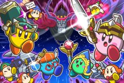 Rule 34 | 2boys, angry, beam mage (team kirby clash), beanie, channel ppp, doctor healmore (team kirby clash), green headwear, hammer lord (team kirby clash), hat, headphones, helmet, japanese text, jitome, kirby, kirby (series), magolor, multiple boys, nightmare, nightmare (kirby), nintendo, no humans, notepad, potion, rayman limbs, staff, super kirby clash, sword, sword hero (team kirby clash), team kirby, translated, video camera, waddle dee, waving arm, weapon
