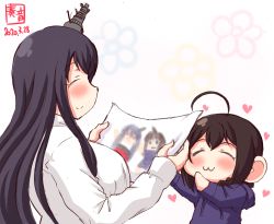 Rule 34 | 2girls, :3, aged down, ahoge, artist logo, black hair, blue jacket, blush, braid, brown hair, child, child&#039;s drawing, closed eyes, commentary request, dated, drawing, fusou (kancolle), hair ornament, hair over shoulder, heart, highres, holding, holding paper, hood, hood down, hooded jacket, jacket, kanon (kurogane knights), kantai collection, long hair, long sleeves, multiple girls, paper, shigure (kancolle), shirt, short hair, single braid, smile, white shirt
