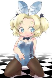 Rule 34 | 1girl, black pantyhose, blonde hair, blue eyes, bow, child, croixsan, eyebrows, eyelashes, feet, hair ornament, hair ribbon, highres, kneeling, leotard, looking at viewer, pantyhose, ribbon, short twintails, simple background, smile, solo, tile floor, tiles, twintails, white background