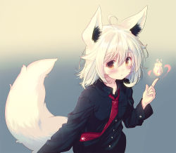 Rule 34 | 1girl, :o, ahoge, animal ears, black shirt, blue background, blush, brown background, brown eyes, collared shirt, fingernails, fire, fox ears, fox girl, fox tail, gradient background, hair between eyes, index finger raised, long hair, long sleeves, looking at viewer, misaki yuu, necktie, original, parted lips, red necktie, shirt, silver hair, solo, tail, thick eyebrows